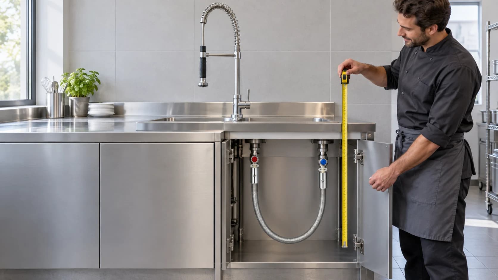 Egy személy vendéglátóipari mosogató mellett ellenőrzi az 100 cm-es, 1/2 colos csatlakozóval ellátott előöblítő zuhanytömlőt.