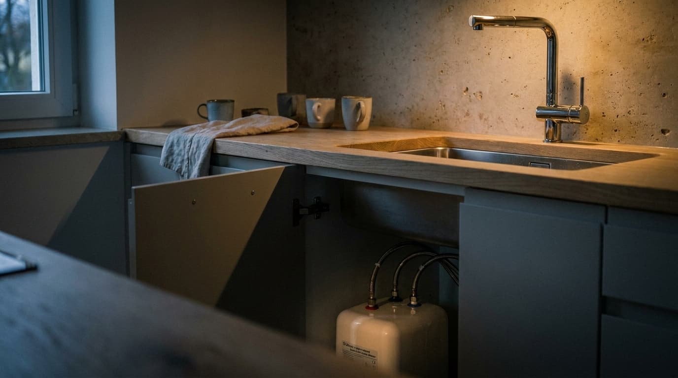 Krómozott alacsony nyomású konyhai csaptelep a mosogató felett és nyitott szekrény nyomás nélküli vízmelegítővel és három bekötőcsővel