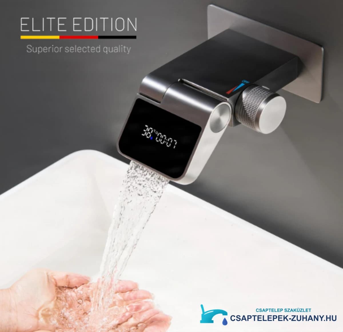 Fali fürdőszobai csaptelep ELITE EDITION BSW1500 hőmérséklet-kijelzővel, forgatható vízeséses kifolyóval, matt fekete és több színben