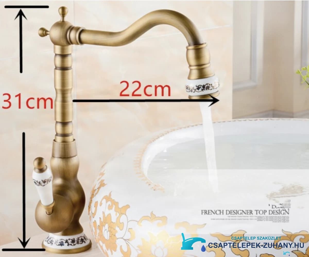 Az antik BV46982 kerámiabetétes csaptelep méretei: 31 cm magas, 22 cm kinyúlású