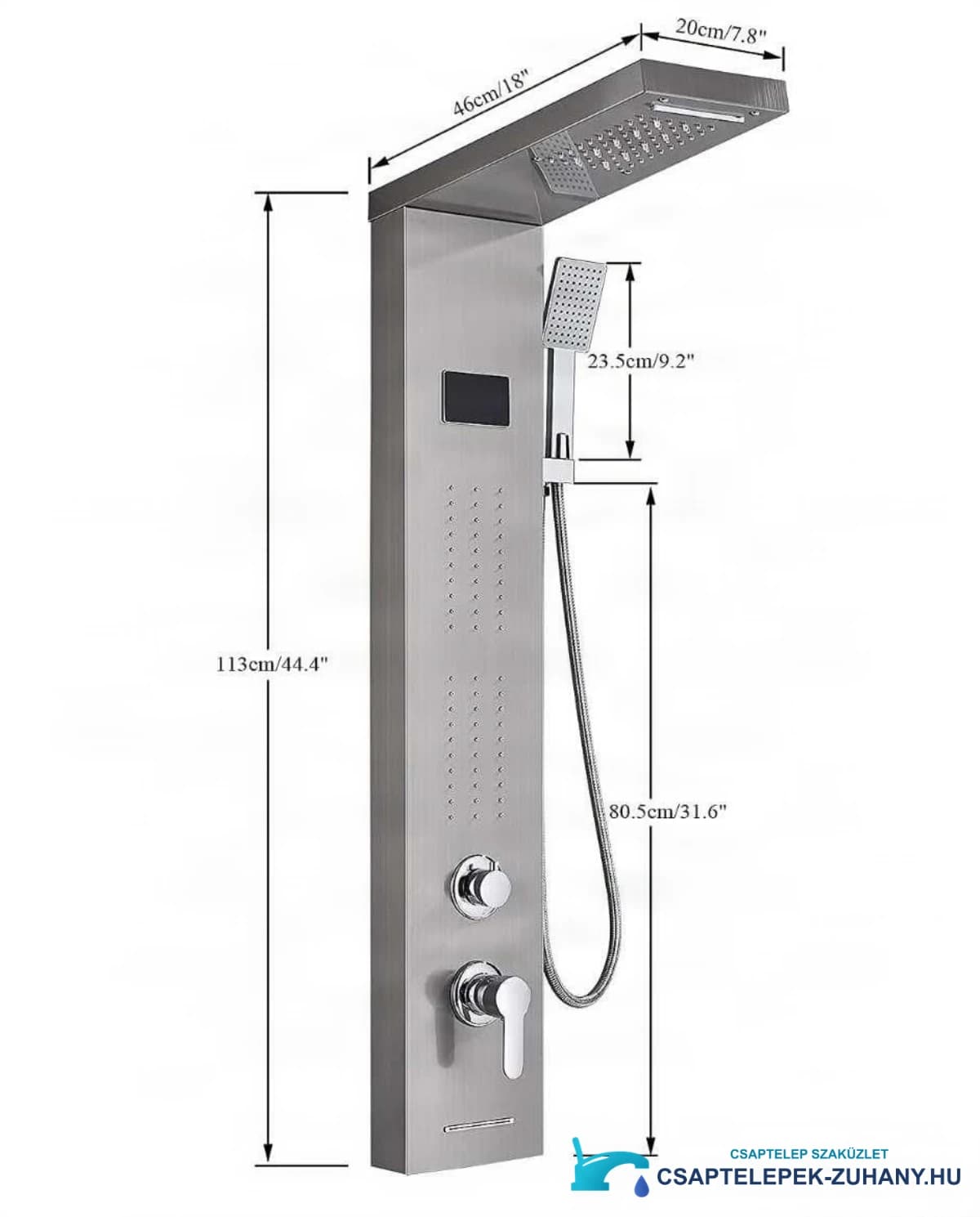 A BSP1912 luxus LED zuhanypanel műszaki rajza (113 × 46 × 20 cm)