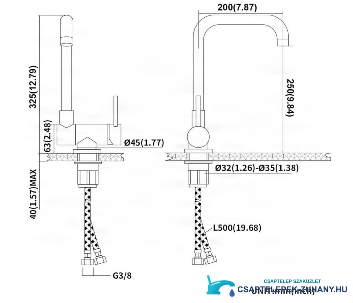 A PA13536 konyhai csaptelep műszaki rajza (325 × 200 mm, G3/8 csatlakozások)