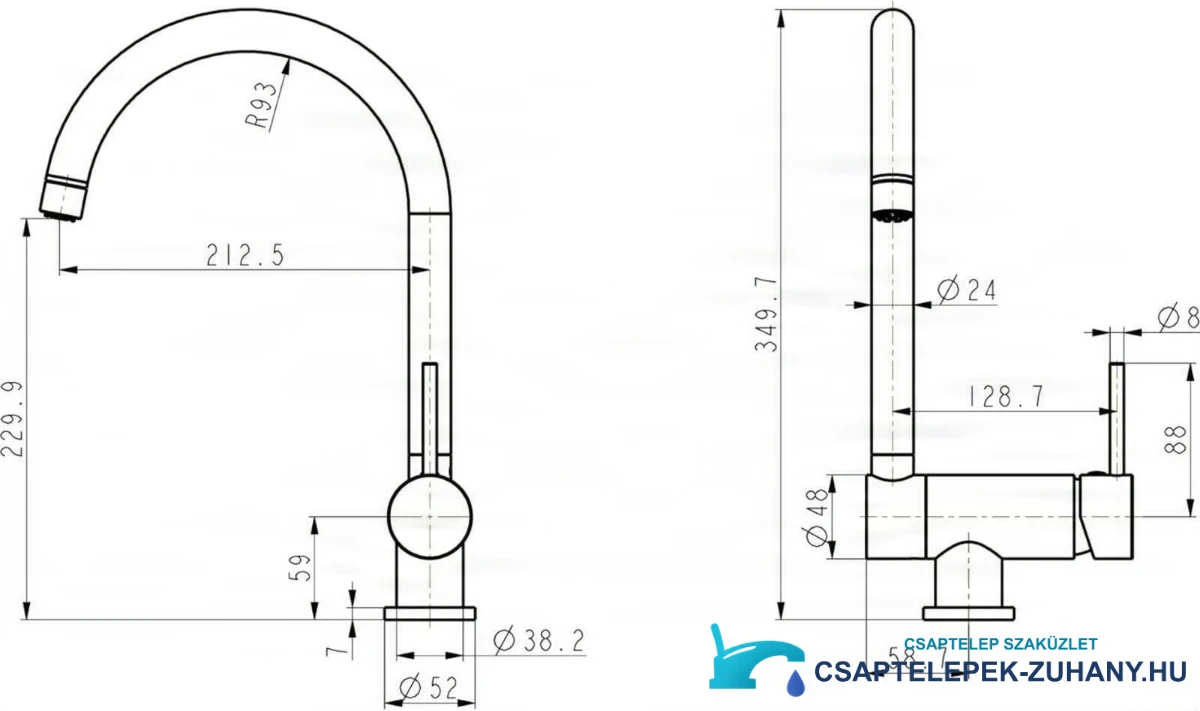 Az NT1141 alacsony nyomású, lehajtható konyhai csaptelep műszaki rajza, magasság 349,7 mm, kinyúlás 212,5 mm