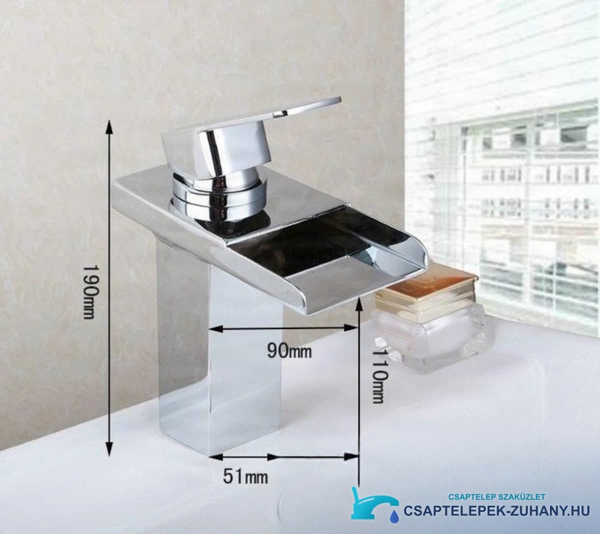 Az EYN206 vízesés mosdócsaptelep méretrajza, 190 mm magassággal és 90 mm kinyúlással