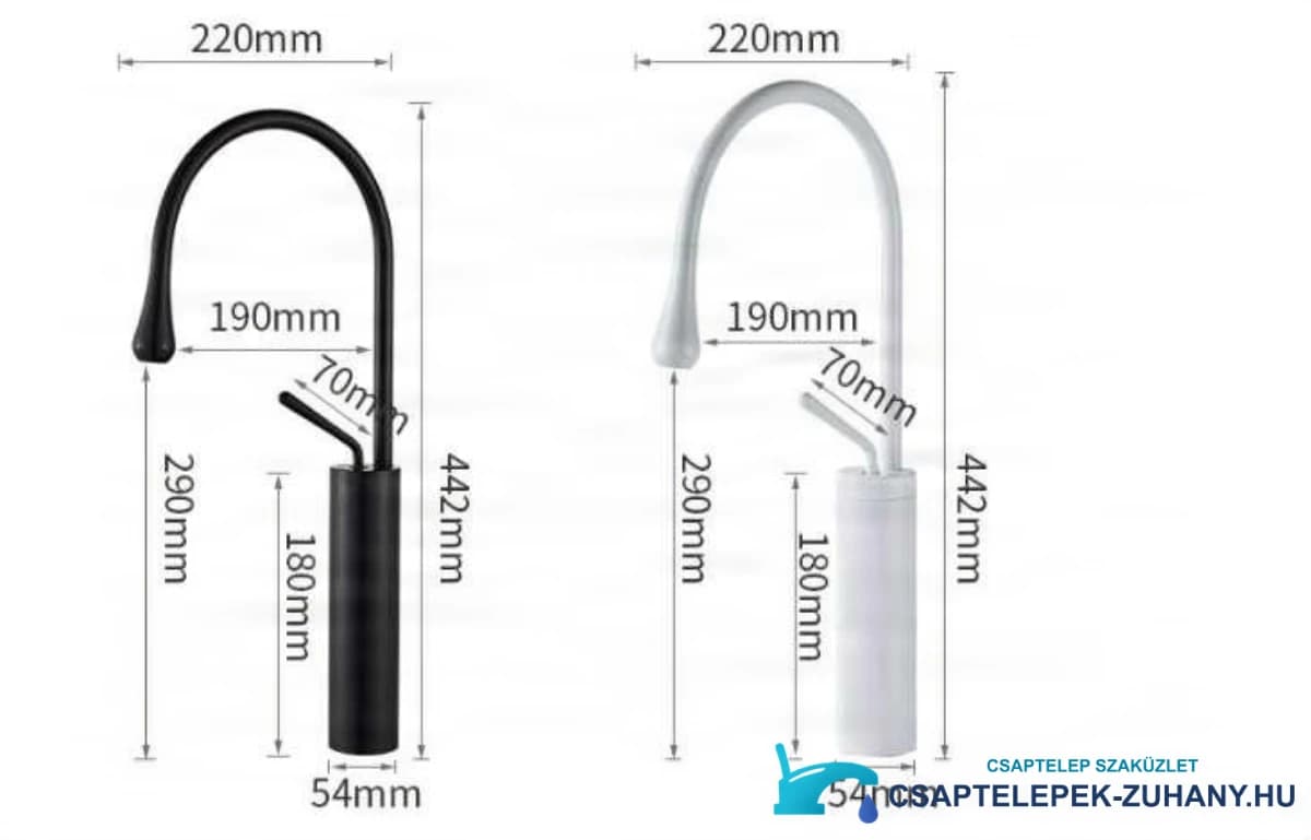 A fekete-fehér VB1116P csaptelep műszaki rajza (442 × 220 mm)