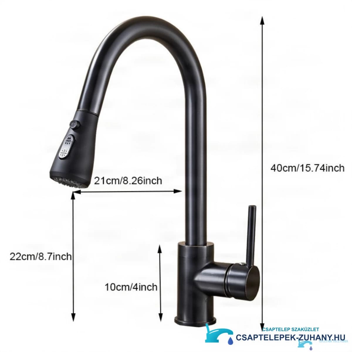 A BI1410 konyhai csaptelep műszaki rajza: 40 cm magas, 21 cm kinyúlású, kifolyási magassága 22 cm