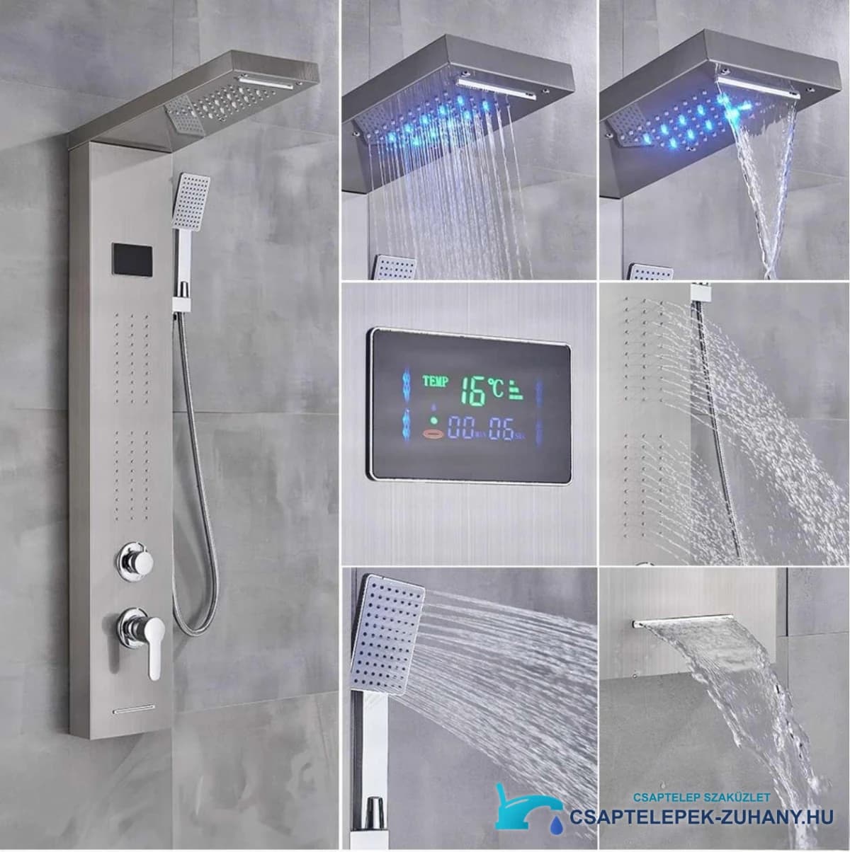Luxus BSP1912 LED zuhanypanel — szálcsiszolt felület és öt vízfunkció