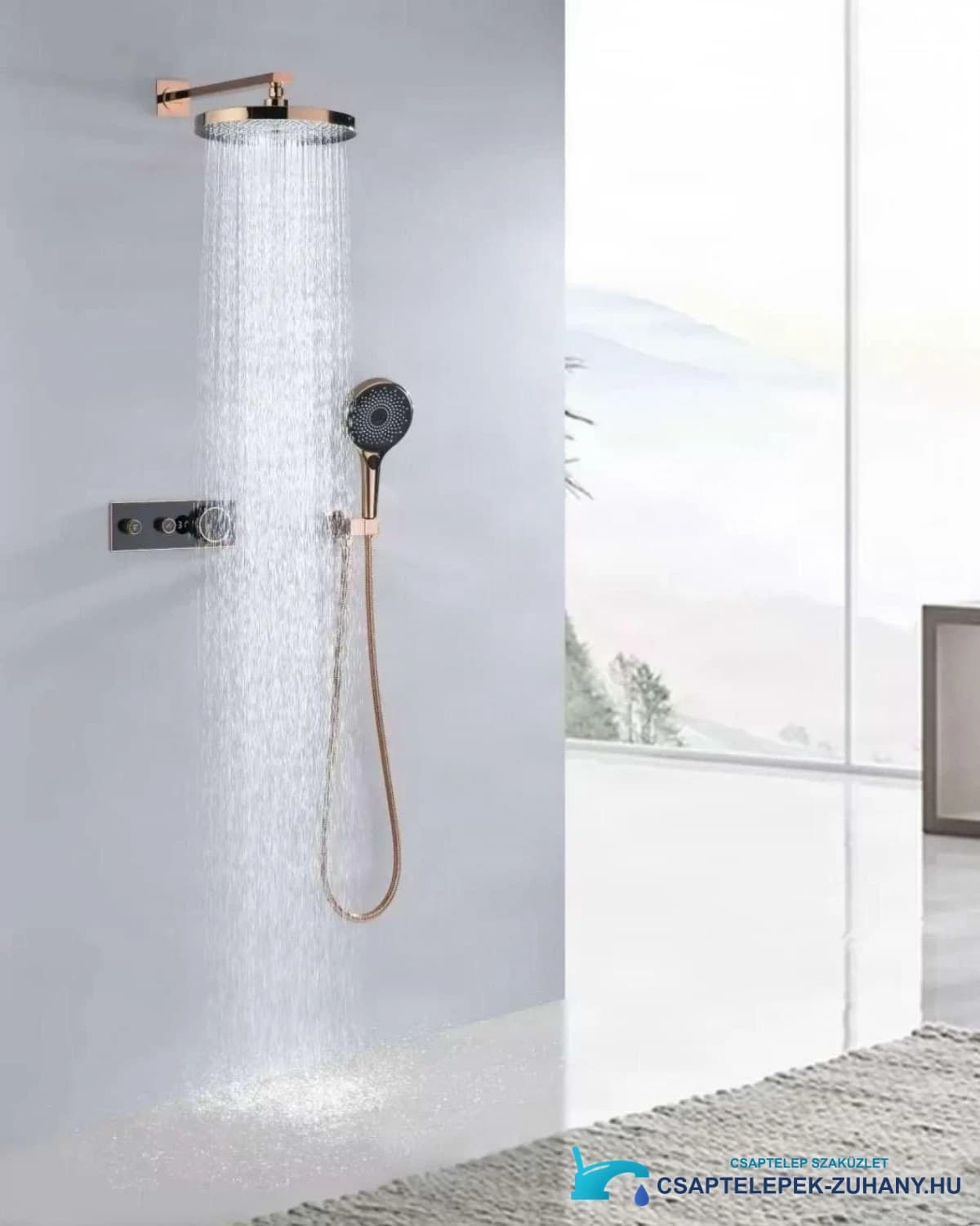 ELITE EDITION BCS1603 luxus termosztátos zuhanyrendszer kijelzővel fényes rozéarany és fekete kivitelben