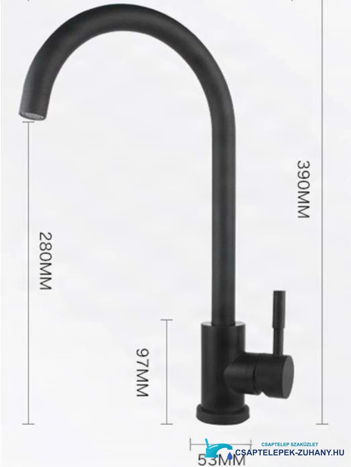 A BK1343 konyhai csaptelep műszaki rajza 390 mm teljes és 280 mm kifolyómagassággal