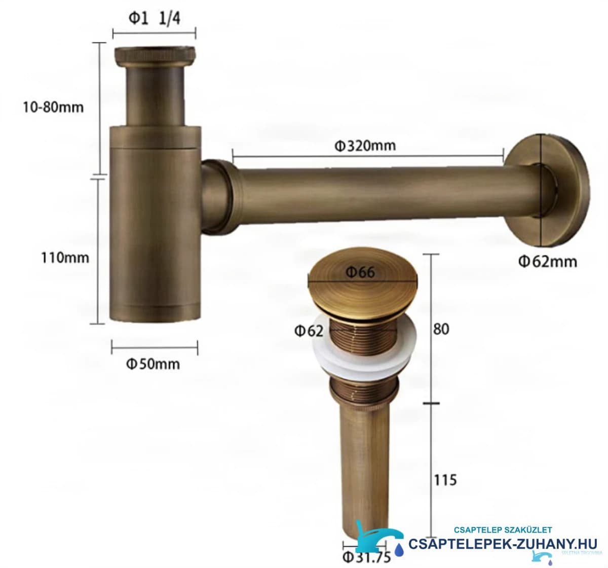 A SAQ1556 pop-up szifon műszaki rajza 320 mm-es fali csővel és 1¼ colos csatlakozással