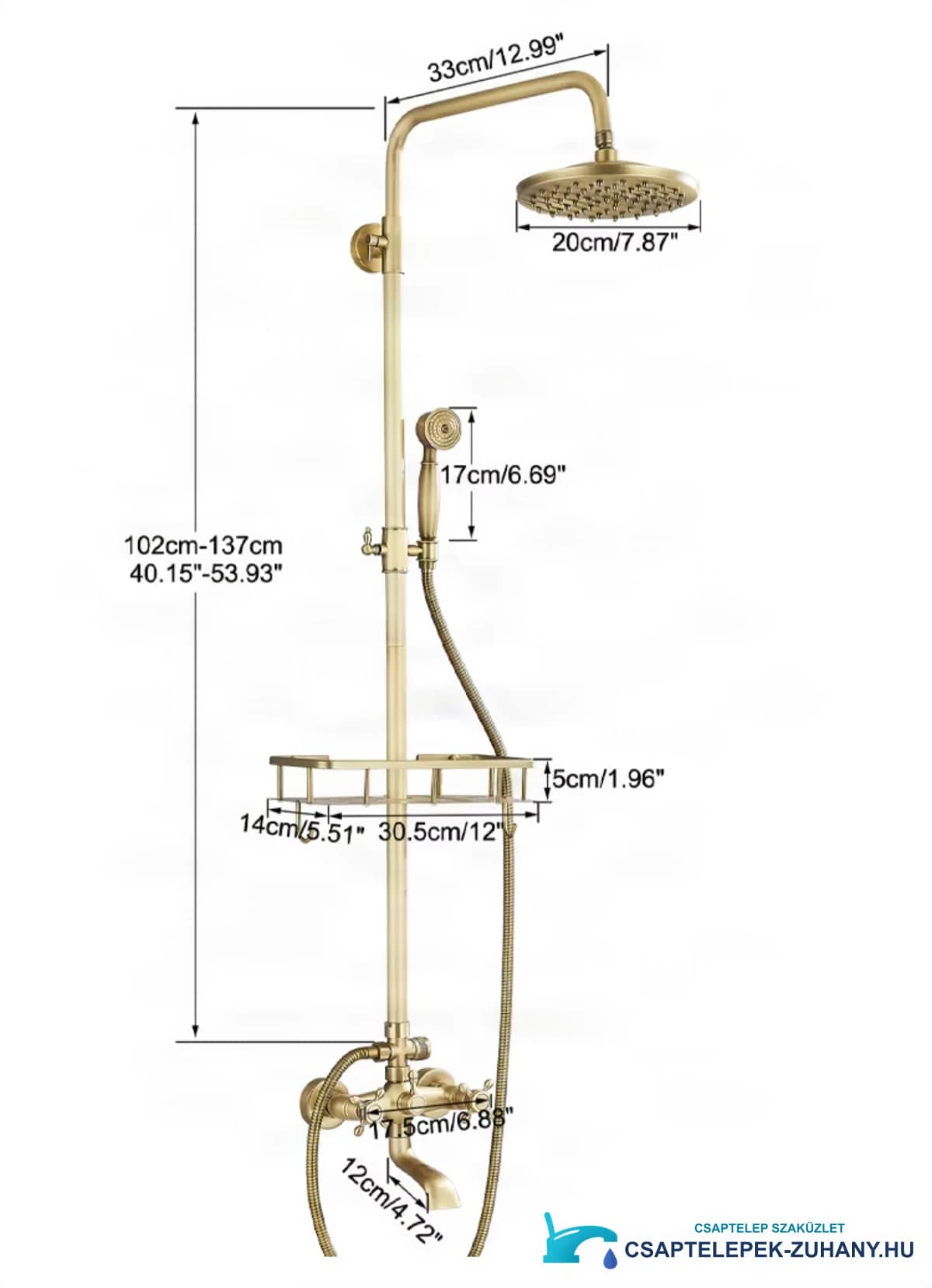 A BSE1241 antik falon kívüli zuhanyrendszer műszaki rajza, 102–137 cm magas, Ø 20 cm fejzuhannyal