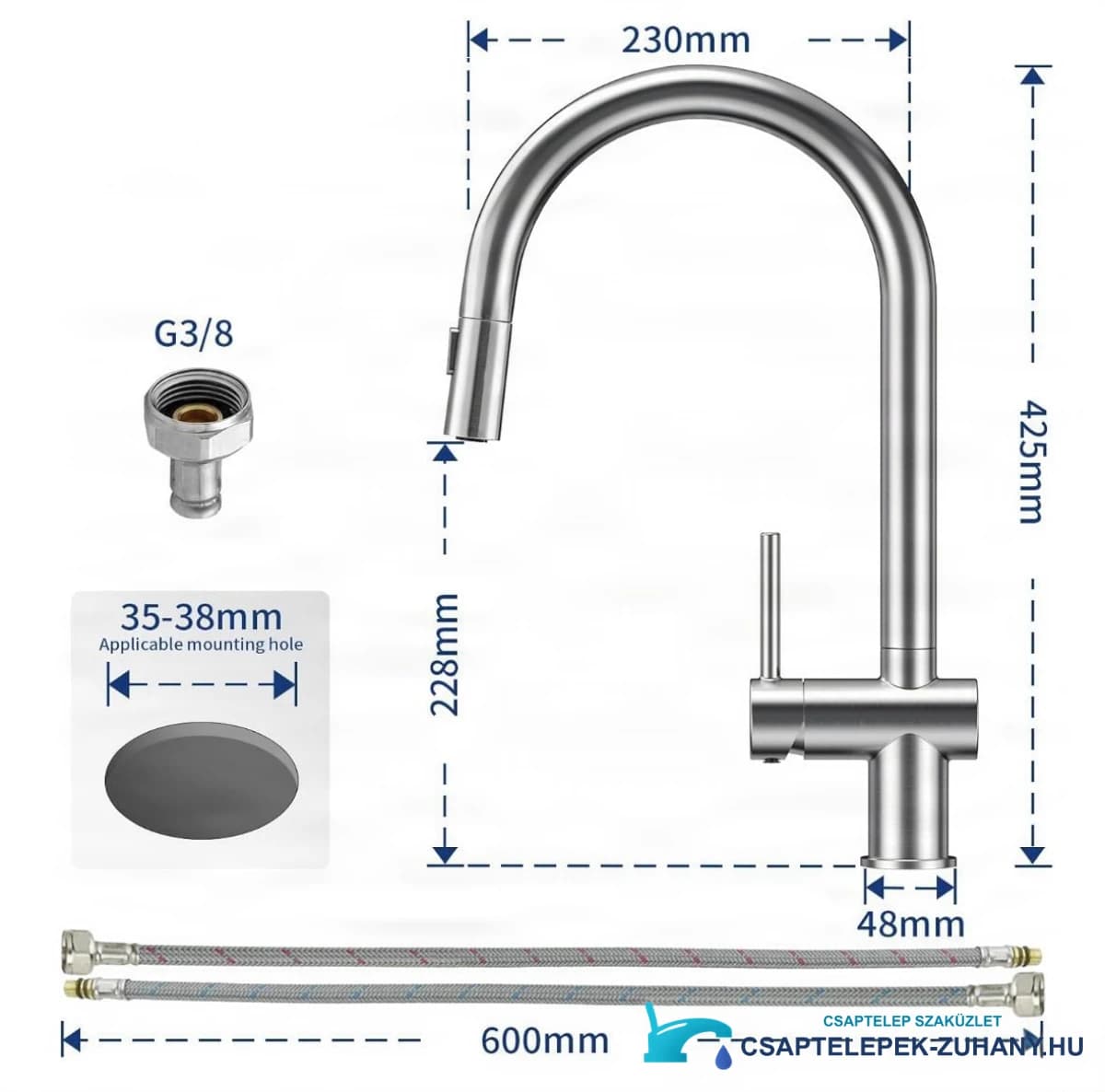 KL1109 csaptelep: rozsdamentesacél-hatás, 425 mm magasság, G3/8 csatlakozás