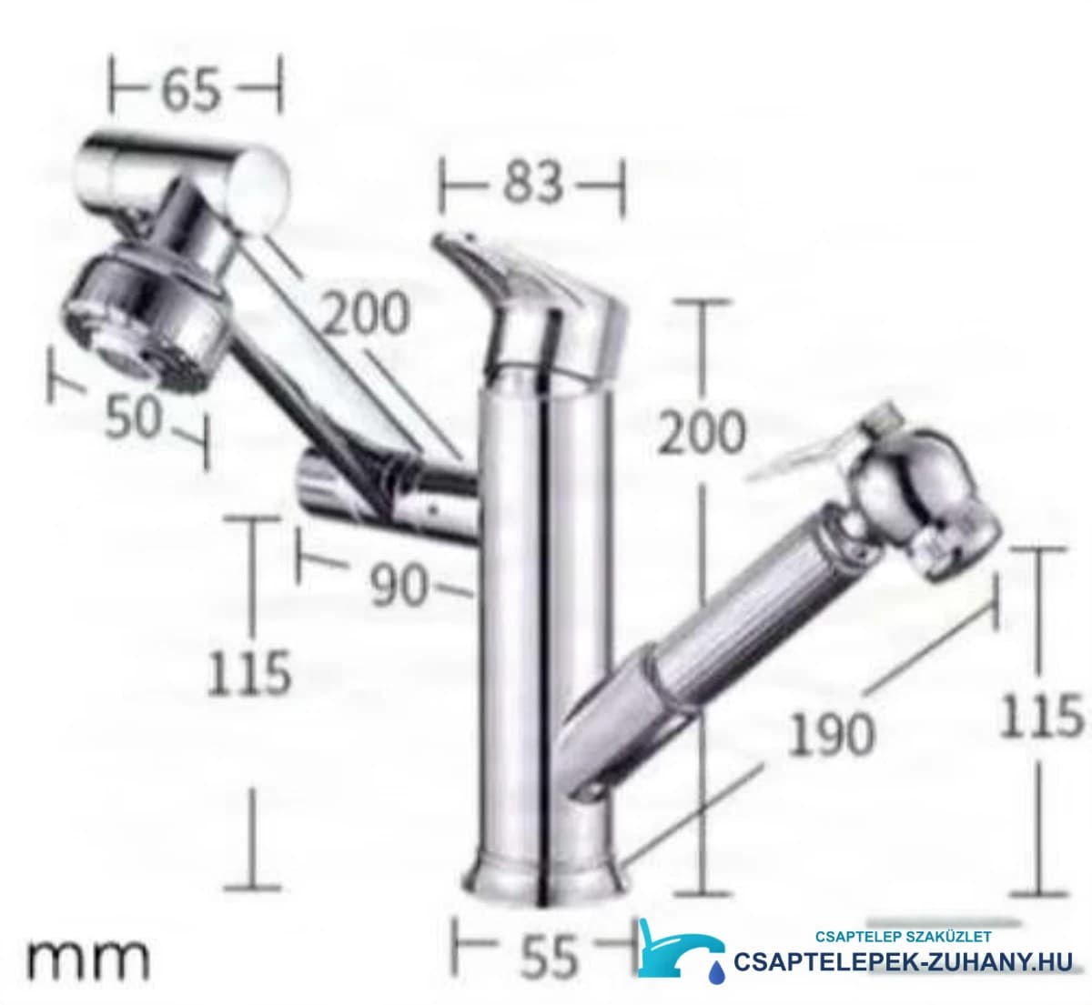 EYN BIO1546 műszaki rajza 200 mm magassággal és 55 mm-es talppal