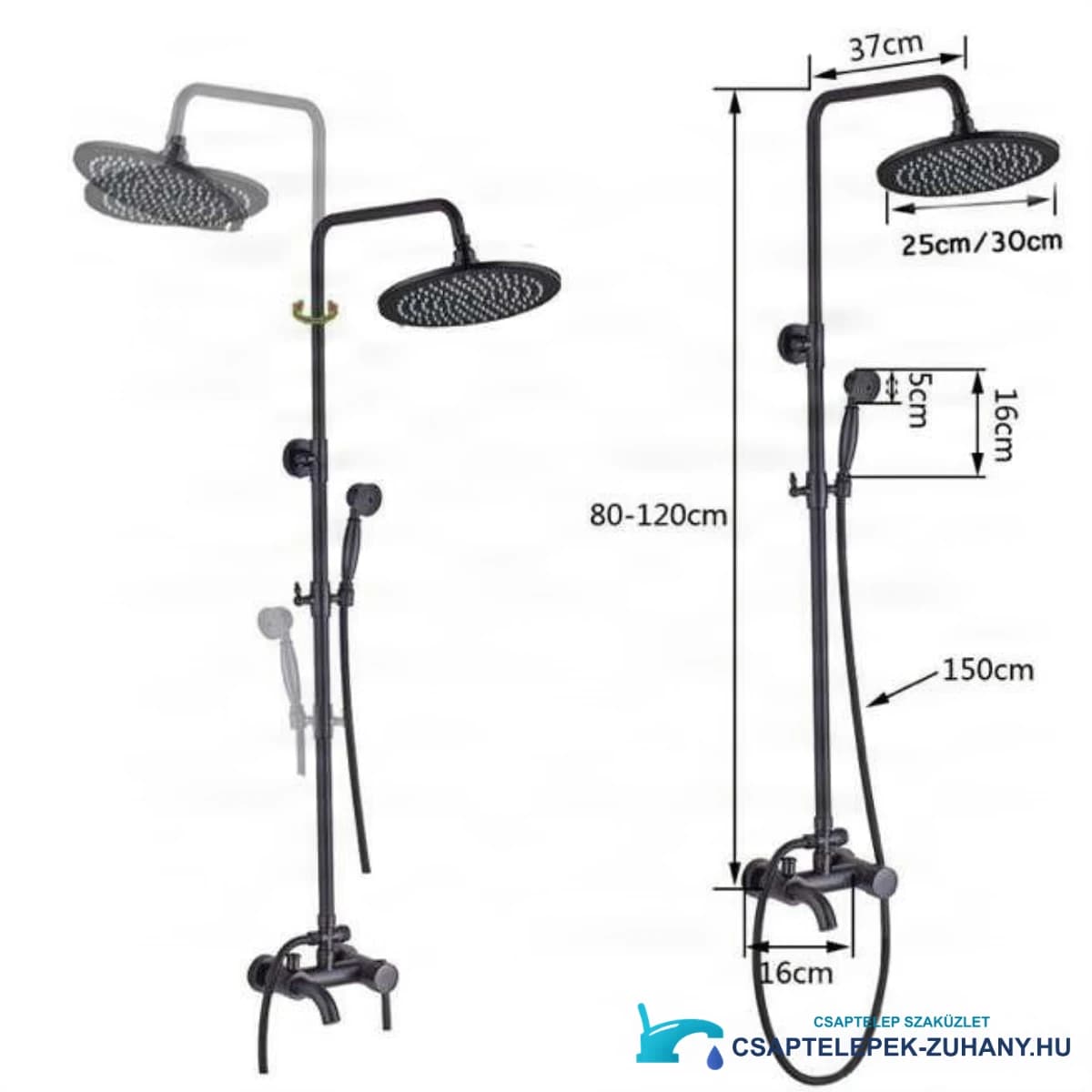 Az EYN CKT2012 falon kívüli zuhanyrendszer méretei: 80–120 cm magasság, 25 vagy 30 cm-es fejzuhany