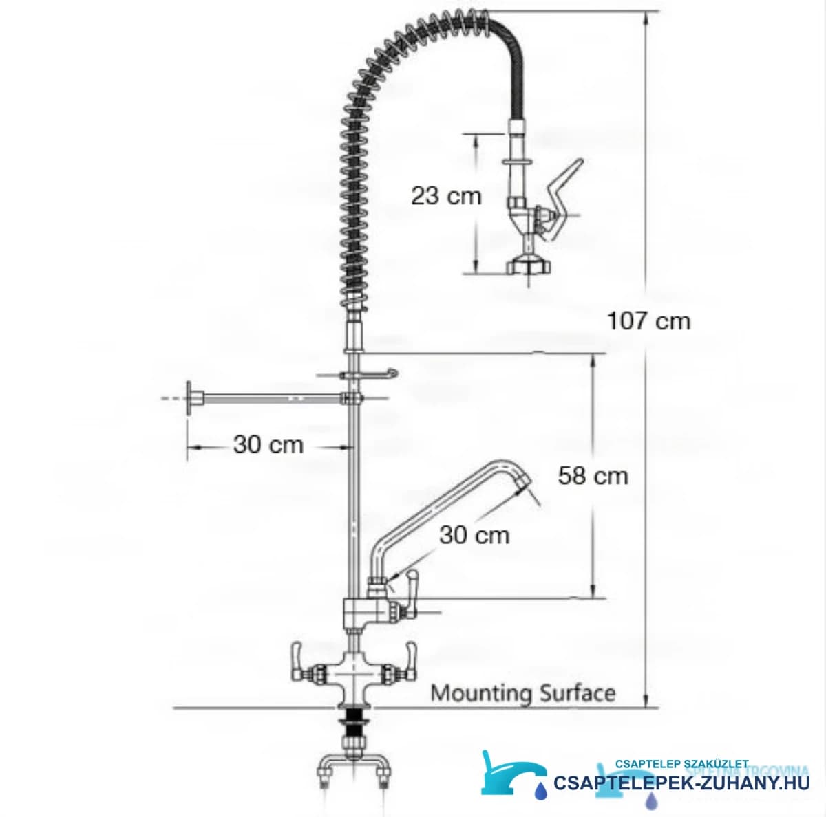 Az EYN AK1552 konyhai csaptelep műszaki rajza (107 cm magas, 30 cm kinyúlás)