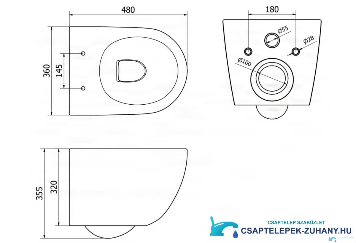 DELUXE TO1699 WC műszaki rajza (480 × 360 × 355 mm, rögzítési távolság 180 mm)