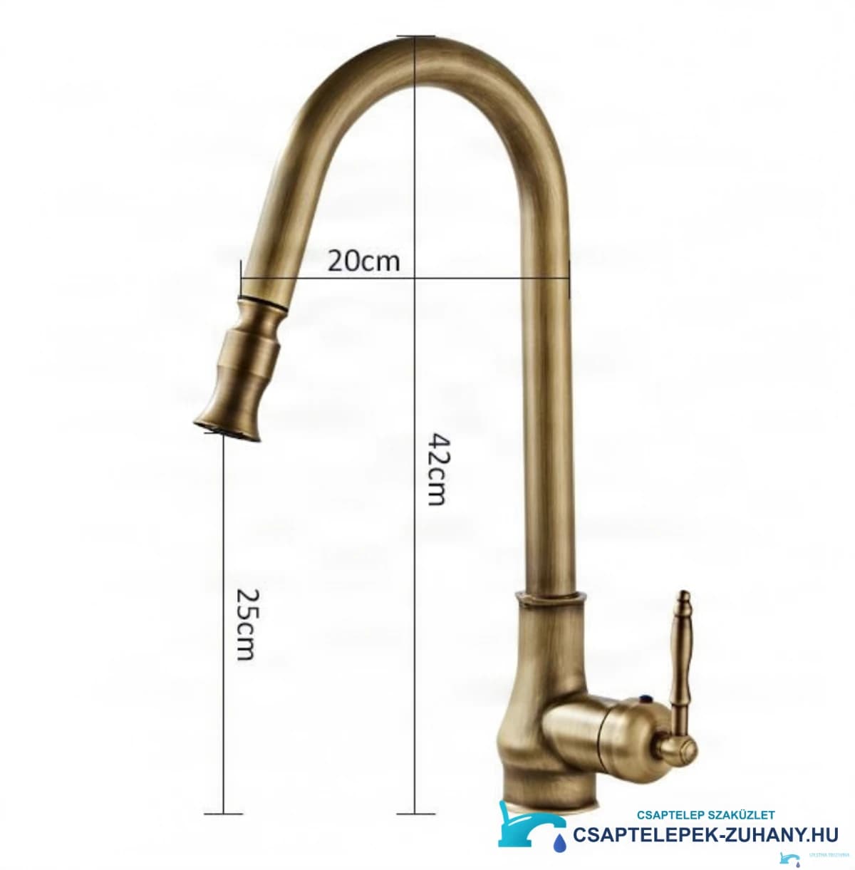 Az EYN AQ1343 antik csaptelep műszaki rajza: 42 cm magas, 20 cm kinyúlású, kifolyómagassága 25 cm