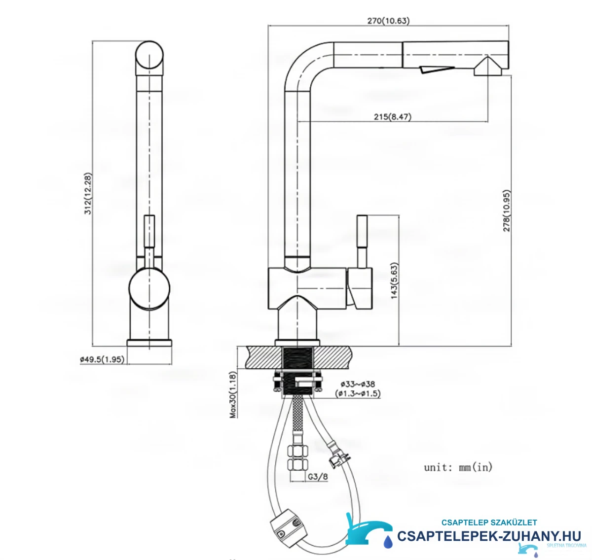 Az EYN NT1344 konyhai csaptelep műszaki rajza 270 mm-es kinyúlással és G3/8 csatlakozóval
