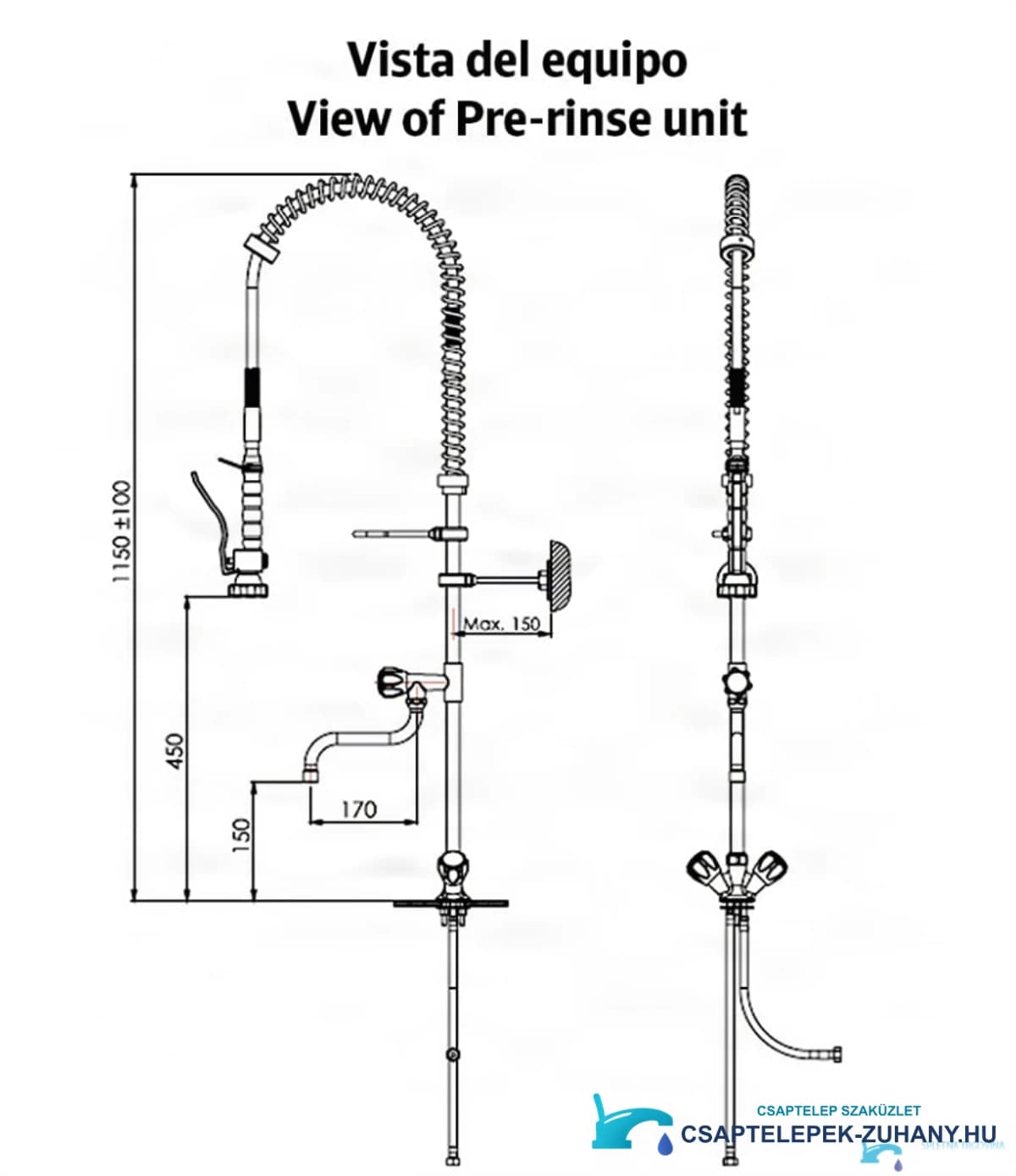 A PRO1337 ipari csaptelep műszaki rajza (1150 ± 100 mm, kinyúlás 170 mm)