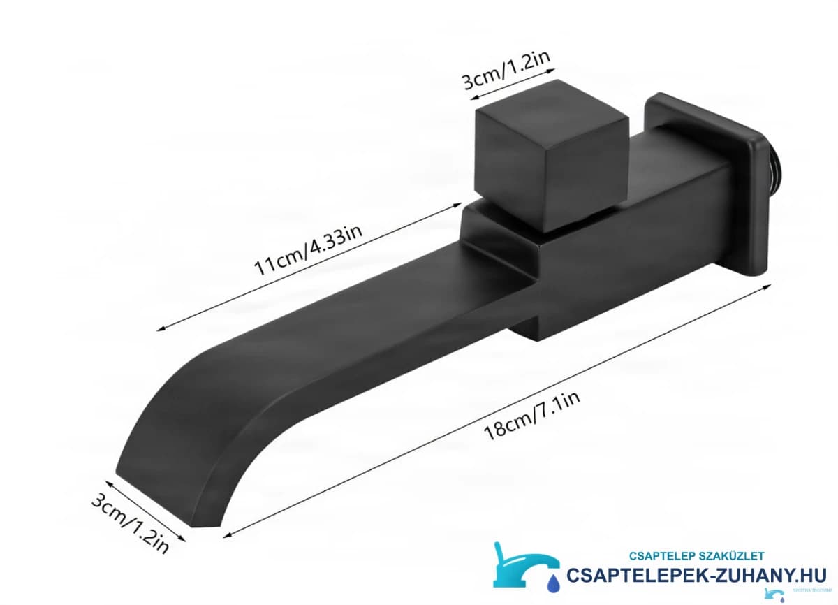 A WC1142 hidegvizes fali csap méretei: 18 cm hosszú, 11 cm-es kifolyó és 3 cm széles