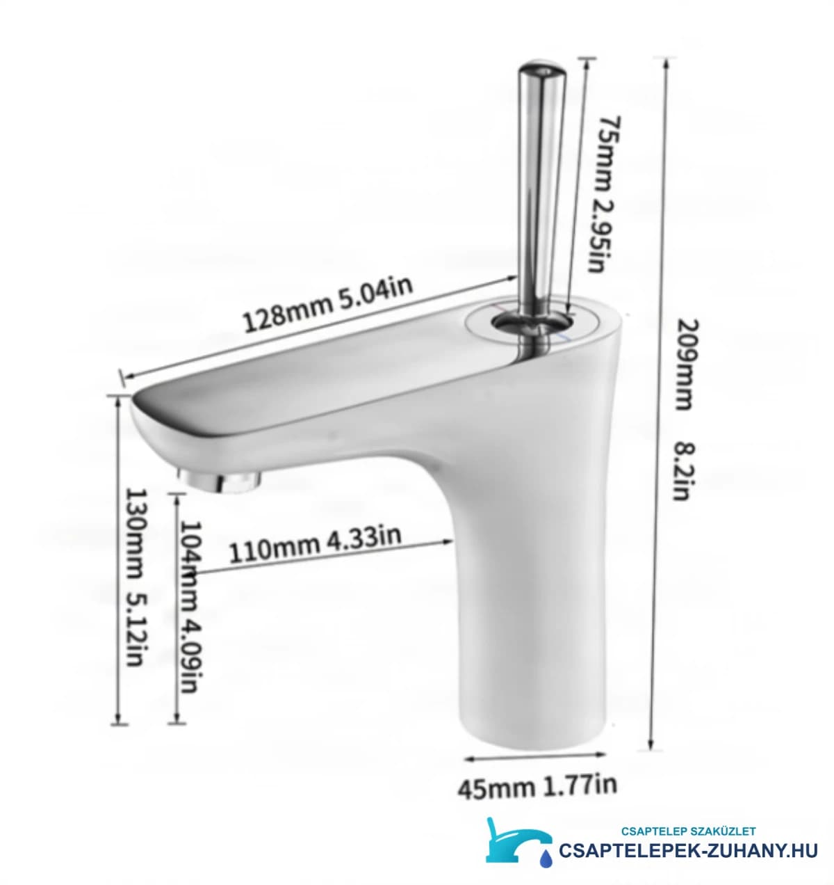 A BKK1306 csaptelep műszaki rajza 209 mm magassággal és 128 mm kinyúlással