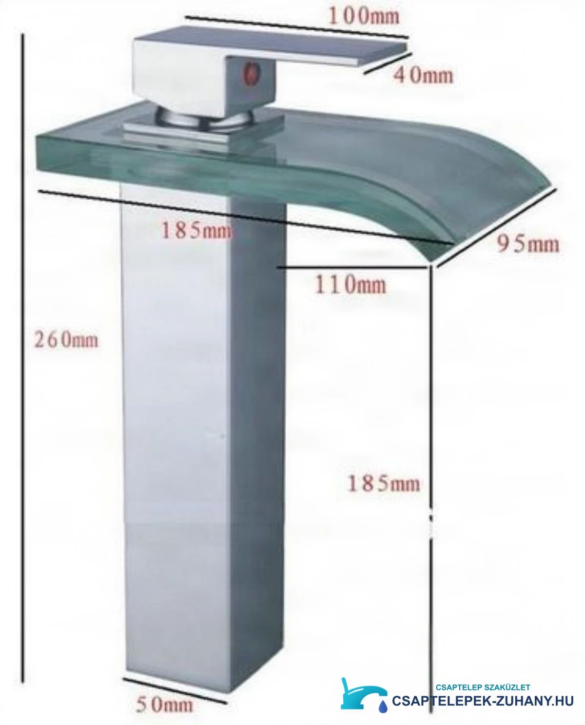 EYN x013 woo-986 csaptelep méretrajza, 260 mm magas és 185 mm-es kifolyóval
