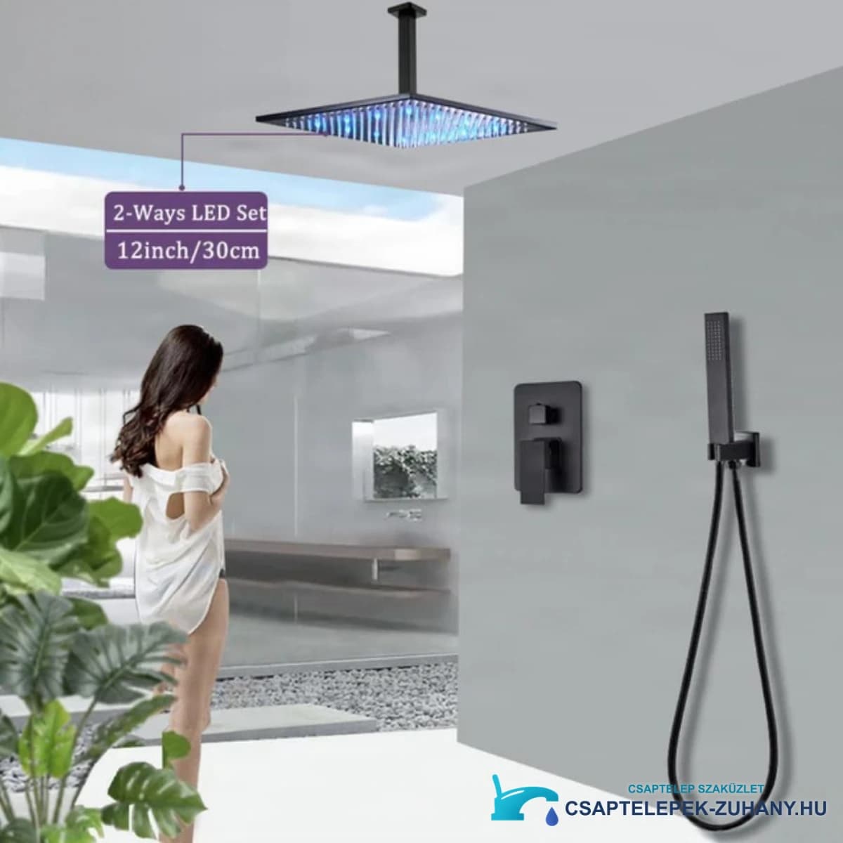 PT50089 LED-es falba süllyesztett zuhanyrendszer matt fekete, kéken világító fejzuhannyal