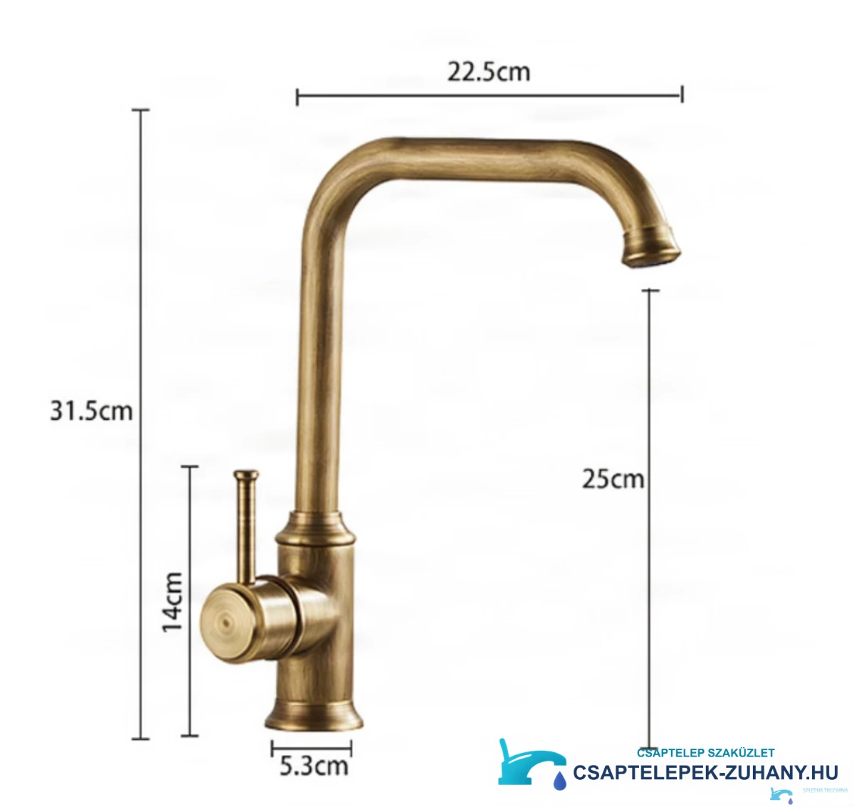 Az AQ1829 antik csaptelep műszaki méretei (31,5 cm magas, 22,5 cm kinyúlás)