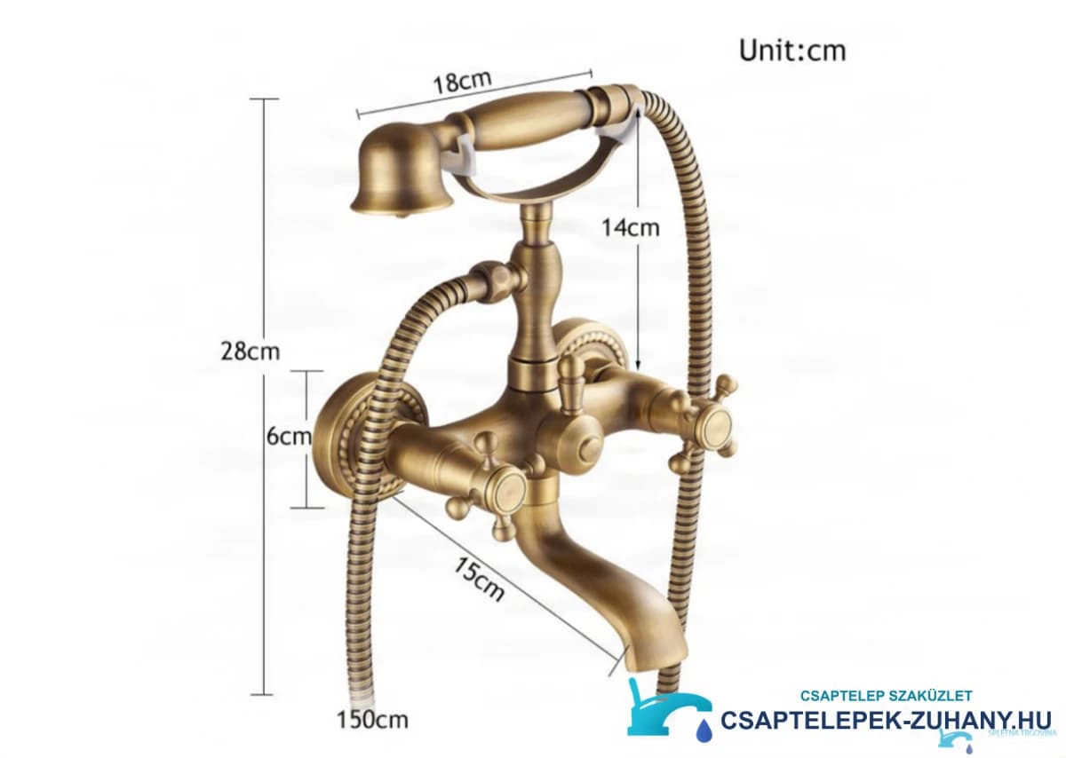 A KAQ1305 antik kádtöltő csaptelep műszaki rajza (28 cm, zuhany 18 cm, tömlő 150 cm)