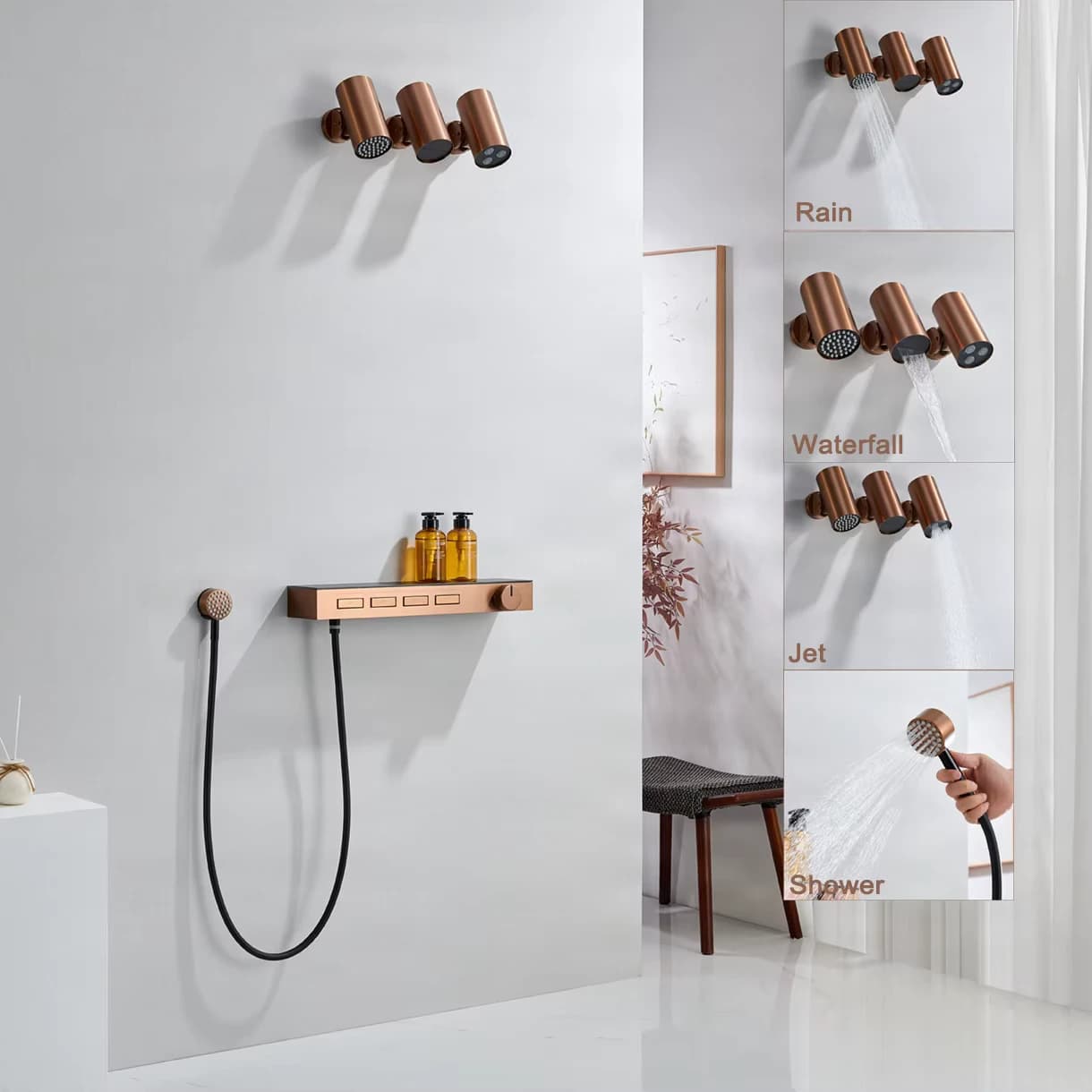 4 Function Luxury Concealed Shower Faucet With Brushed Rose Gold Finish 5 Handles Wall Mount Pause/jet/soft/rain Spray Patterns