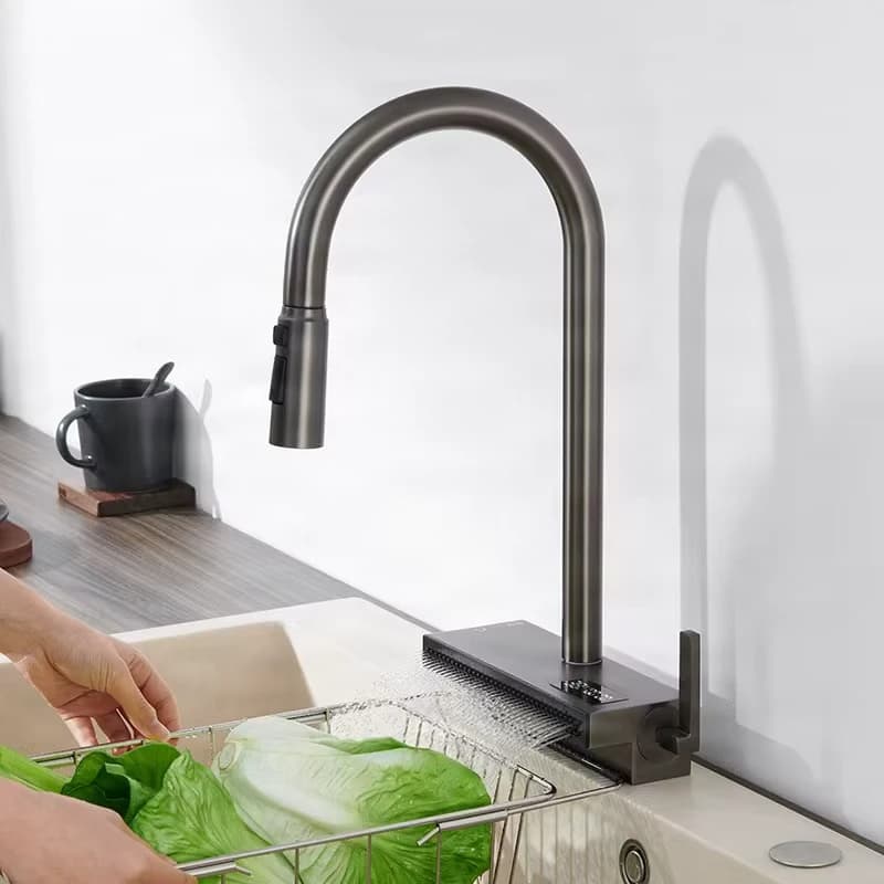 Large Size Brass Waterfall Faucet Digital Dual Deck Mounted Kitchen Sink Faucet Hot Cold Water Outlet Numbered Surface