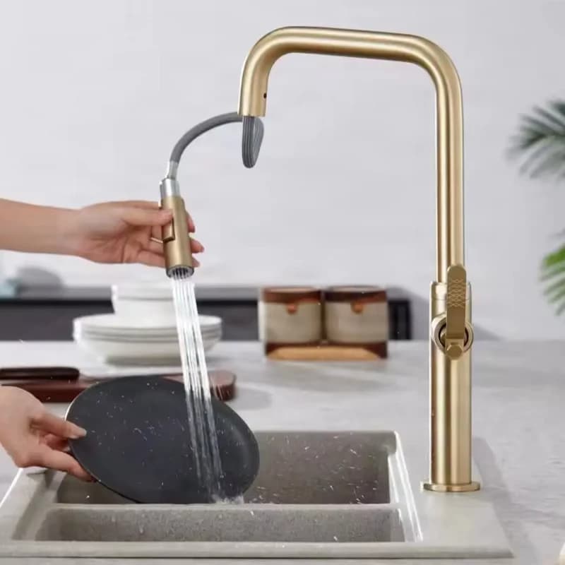 Modern 304 Stainless Steel Pull Kitchen Faucet Contemporary Design Hot Cold Water Tap Zinc Handle Brush Gold