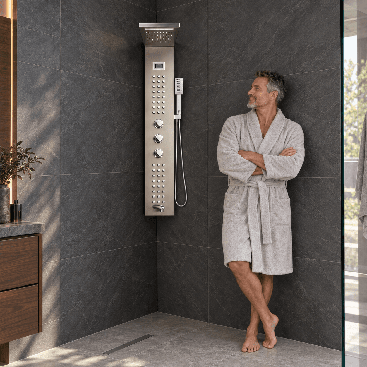 Zuhanypanel EYN TP1912L termosztáttal és masszázsfúvókákkal, falon kívüli kivitelben, többféle felülettel